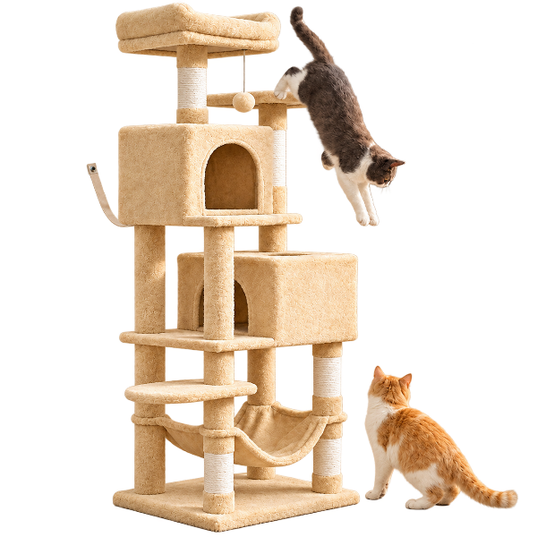 A tall beige carpeted cat tree with multiple levels, sisal-wrapped scratching posts, a hanging ball toy, a small enclosed cave, a hammock, and two cats interacting with it on a plain white background.