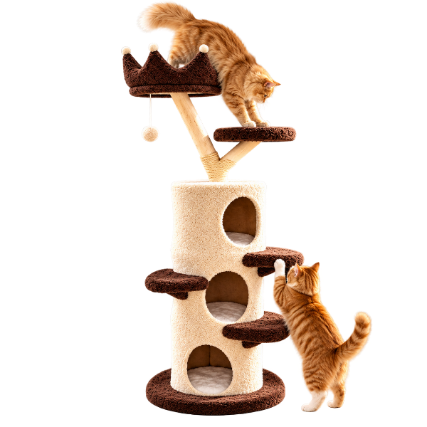 A cat mid-jump onto the cat tree's reinforced platform in a bright living room