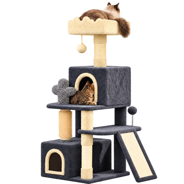 A relaxed cat resting on the cat tree platform