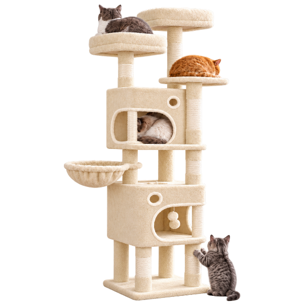 Illustration comparing a wobbly generic cat tree to a reinforced stable base